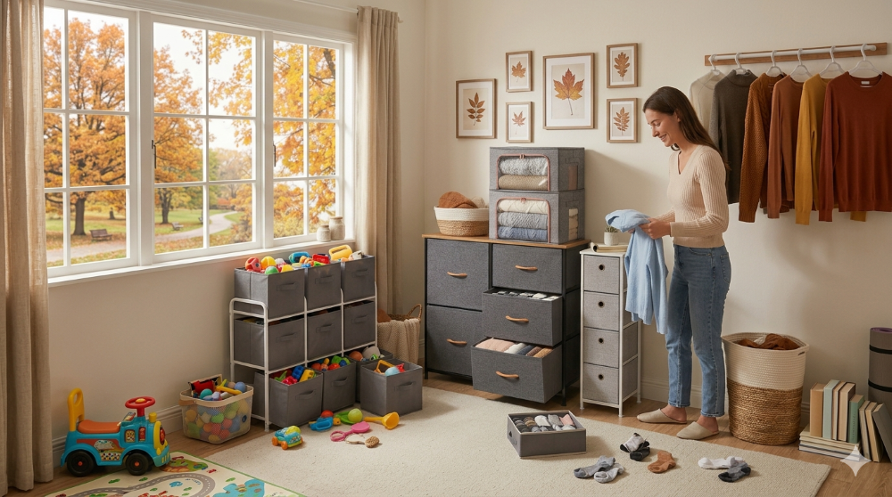 utumn Storage Reset: A woman organizing a home with grey fabric storage bins, a toy organizer, and slim storage towers to declutter for the cosy autumn season.