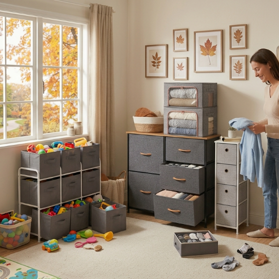 utumn Storage Reset: A woman organizing a home with grey fabric storage bins, a toy organizer, and slim storage towers to declutter for the cosy autumn season.