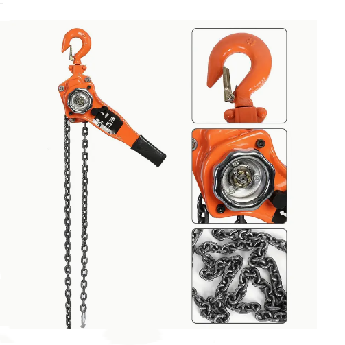 Orange lever hoist with close-up insets on a white background
