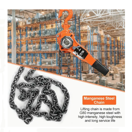 Orange crane hook with chain in a warehouse setting, highlighting manganese steel chain.
