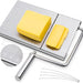 A stainless steel cheese slicer with an ergonomic handle and grid scale, alongside a block of cheese and five replacement wires.