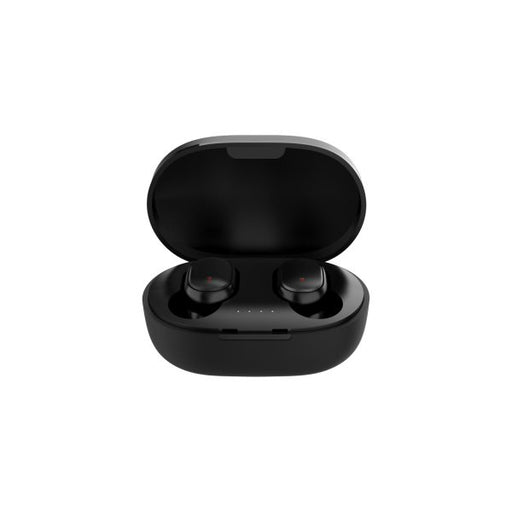True wireless earbuds in black color, displayed inside an open black charging case.