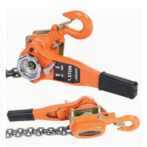 Two orange lever blocks with chains on a white background