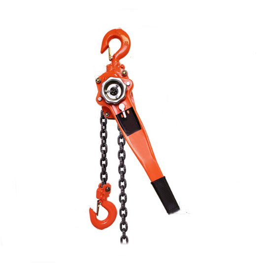 Orange hand chain hoist on a white background
