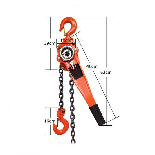 Orange chain hoist with measurements on a white background