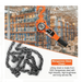 Orange crane hook with chain in a warehouse setting, highlighting manganese steel chain.