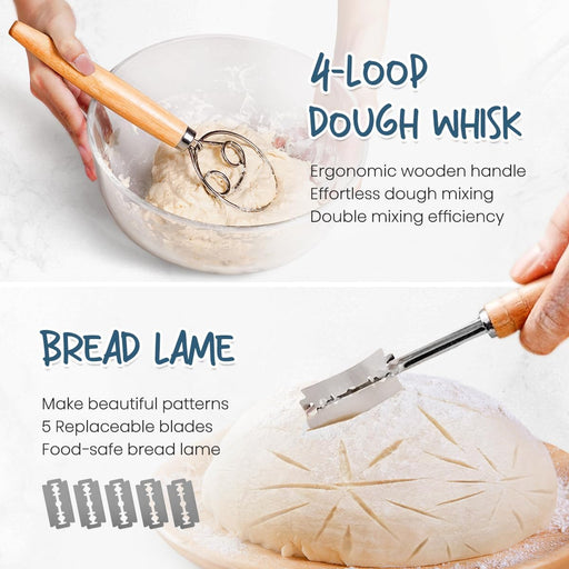 Bread making tools including a 4-loop dough whisk and a bread lame on a white background.