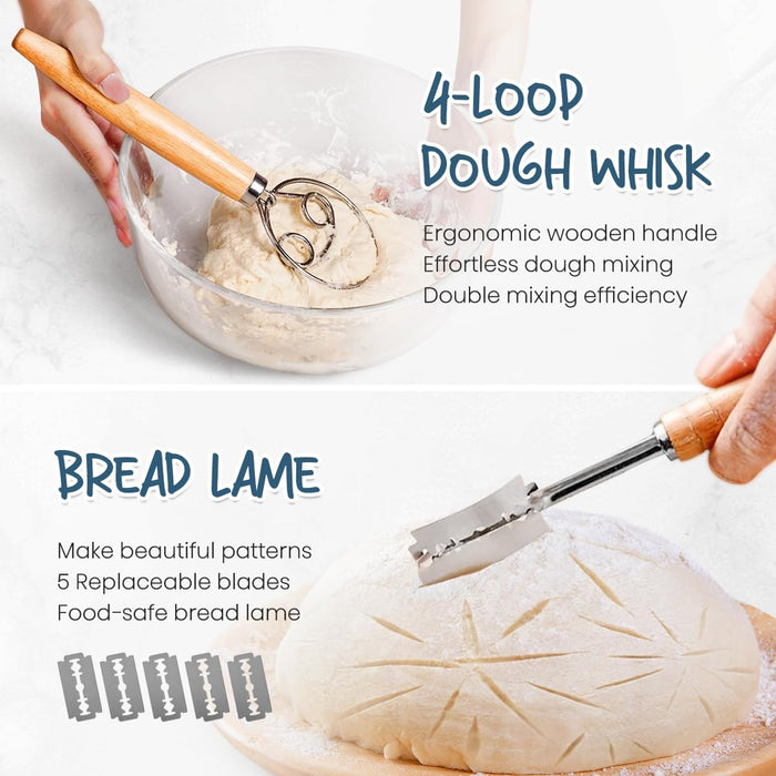 Bread making tools including a 4-loop dough whisk and a bread lame on a white background.