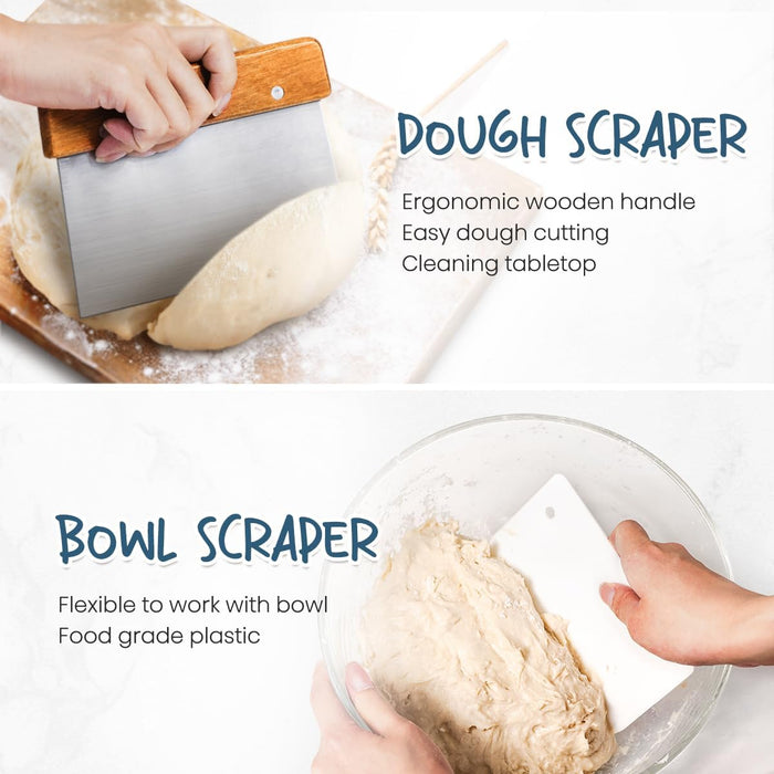 Two images showing a dough scraper and a bowl scraper with text describing their features.