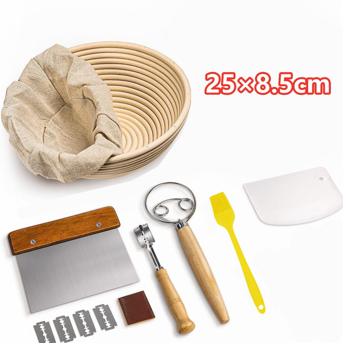 Bread-making tools including a basket, scraper, and various utensils on a white background.