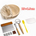 Bread-making tools including a basket, scraper, and various utensils on a white background.