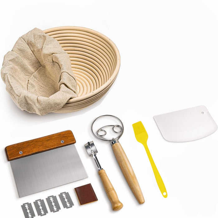 Set of bread-making tools including a basket, scraper, and various utensils on a white background
