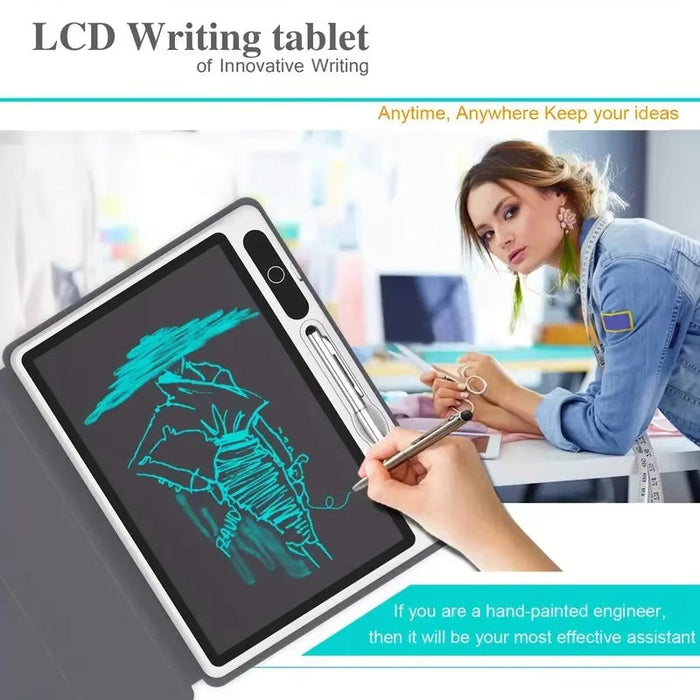 LCD writing tablet with a hand drawing on it, used by a woman in an office setting.