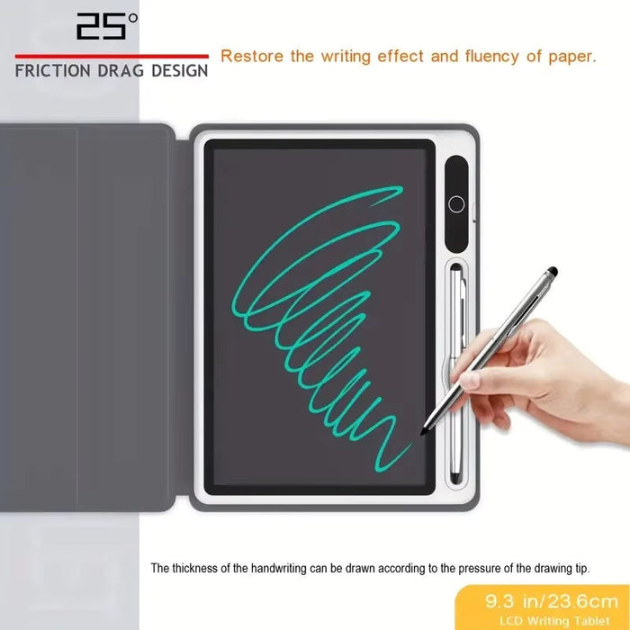 Digital writing tablet with stylus and hand drawing on screen, featuring friction drag design.