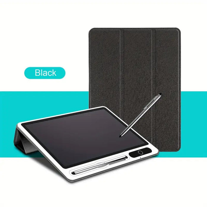 Black tablet case with screen and stylus on a white background