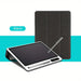 Black tablet case with screen and stylus on a white background