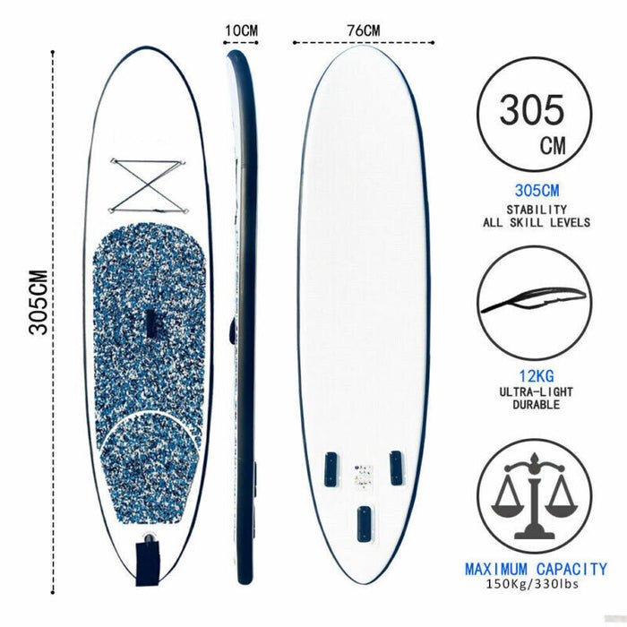 Inflatable paddleboard with dimensions and specifications on a white background