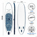Inflatable paddleboard with dimensions and specifications on a white background