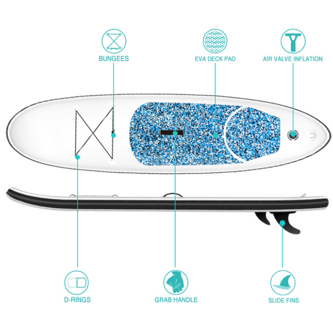 Diagram of a paddleboard with labeled parts on a white background