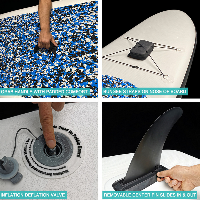 Collage of features on a stand-up paddleboard including a grab handle, bungee straps, inflation deflation valve, and removable center fin.