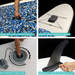 Collage of features on a stand-up paddleboard including a grab handle, bungee straps, inflation deflation valve, and removable center fin.