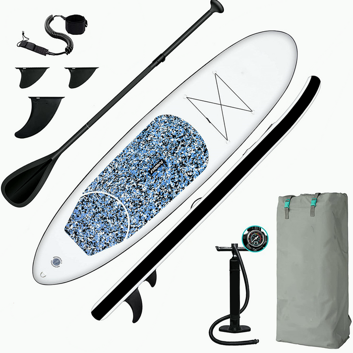 Inflatable paddle board with accessories on a white background