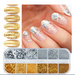 Nail art display with gold, silver, and clear glittery nail polish samples.