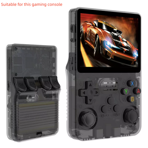 Handheld gaming console with transparent casing displaying a racing game on screen.