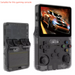 Handheld gaming console with transparent casing displaying a racing game on screen.