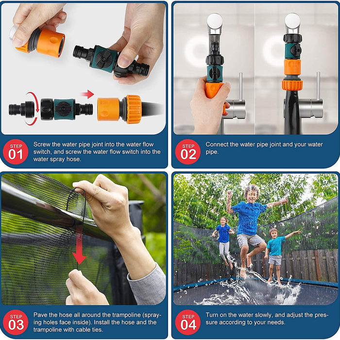 Step-by-step guide on how to use a water spray system for a trampoline, including assembly and usage.