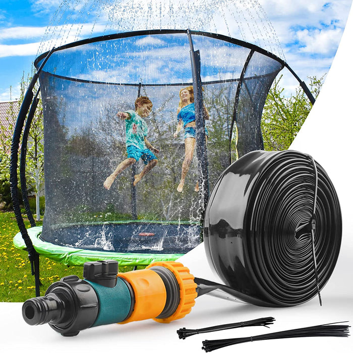 Trampoline with water spray system and hose on a white background