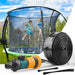 Trampoline with water spray system and hose on a white background