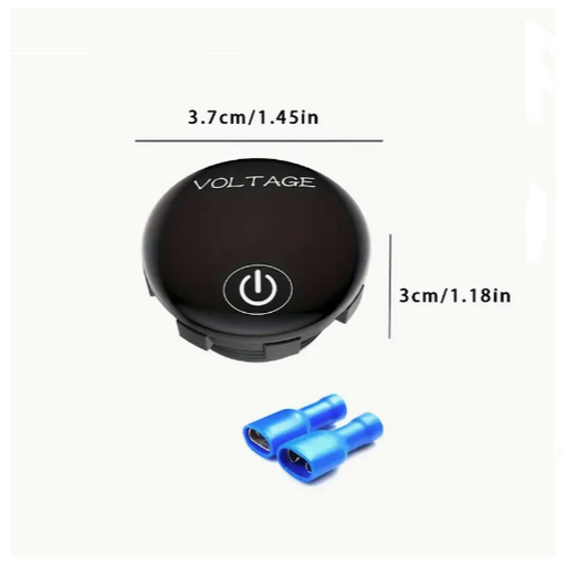 Black voltage control with power symbol and blue connectors on a white background