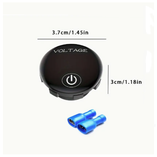 Black voltage control with power symbol and blue connectors on a white background