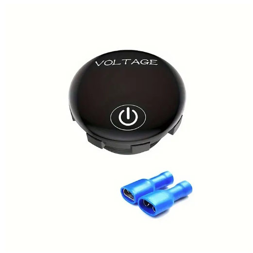 Black voltage control device with power symbol and blue connectors on a white background