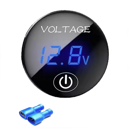 Digital voltage meter showing 12.8V with blue LED display on a white background
