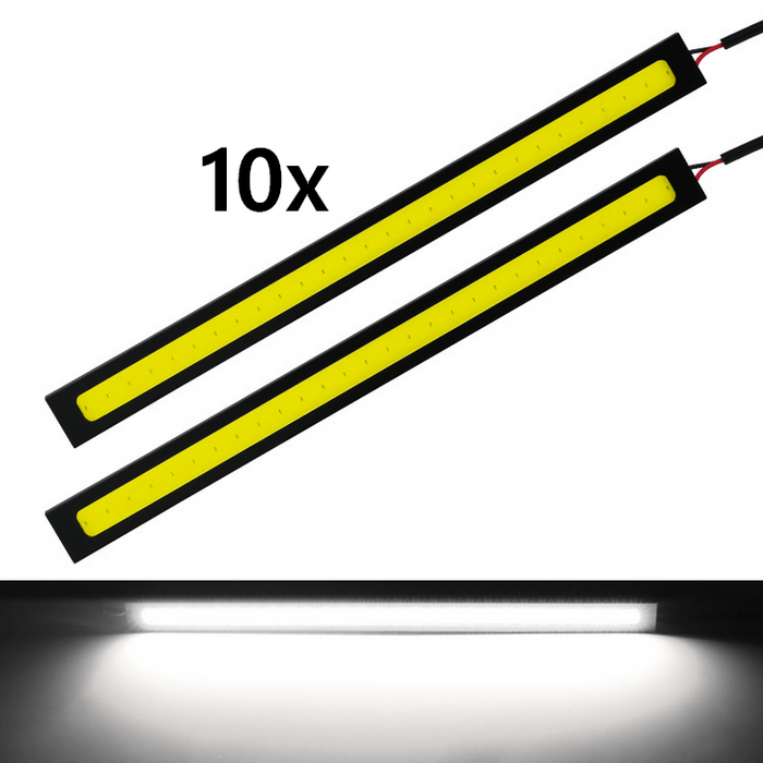 Two yellow LED strips with black frames on a white background, showing light emission below.