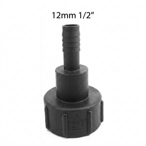 A black plastic 12mm (1/2") hose connector fitting with a threaded neck and a flanged base, shown on a plain white background with text overlay indicating the size.