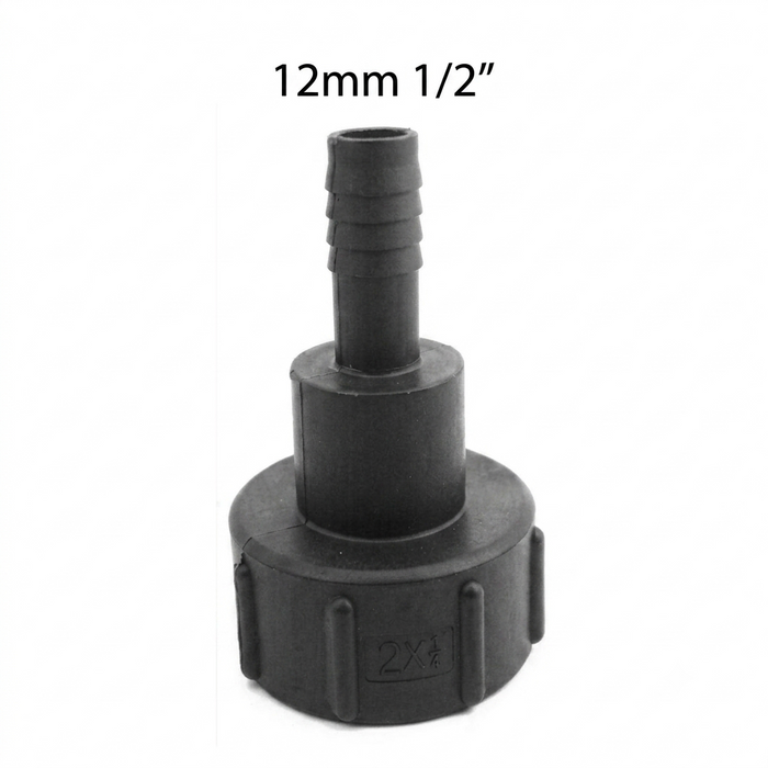 A black plastic 12mm (1/2") hose connector fitting with a threaded neck and a flanged base, shown on a plain white background with text overlay indicating the size.