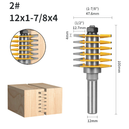 Woodworking router bit with measurements and a sample cut on wood.