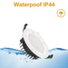 LED downlight with water splashes and 'Waterproof IP44' text on a white background