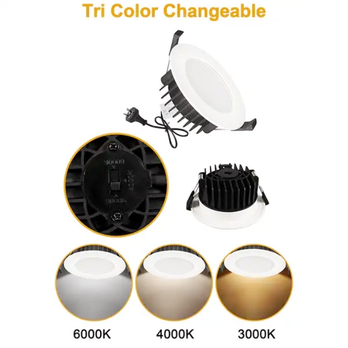 LED downlight with color temperature options on a white background