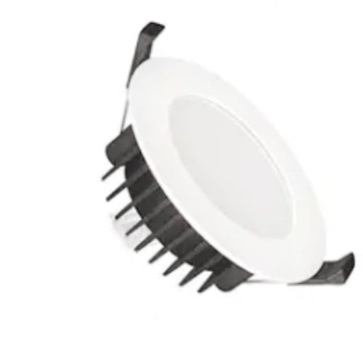 White LED downlight with black heat sink on a white background