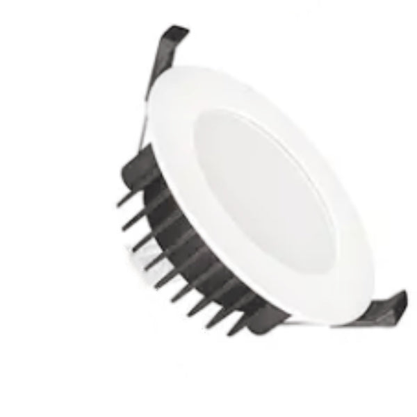 White LED downlight with black heat sink on a white background