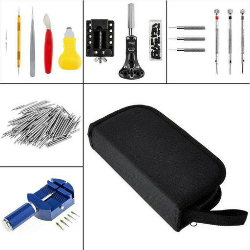 Collection of various tools and a black carrying case on a white background