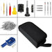 Collection of various tools and a black carrying case on a white background