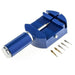 Blue drill bit holder with multiple drill bits on a white background