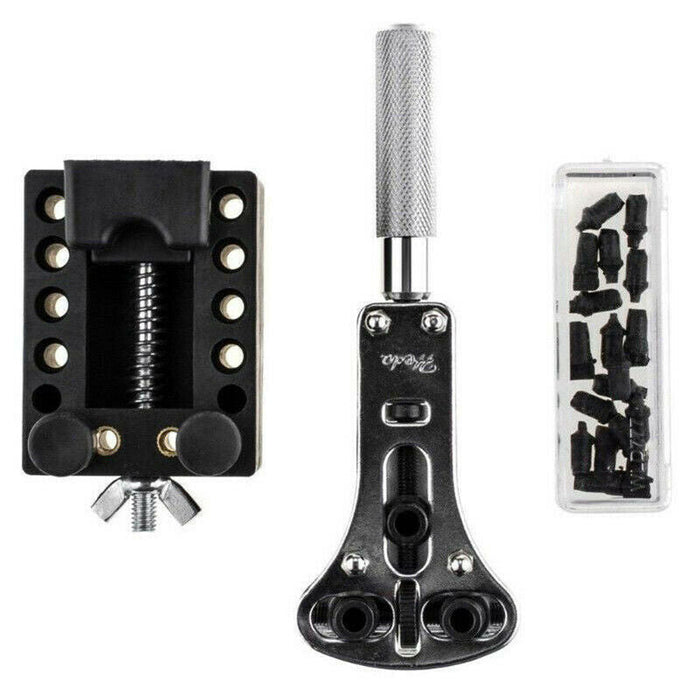 Watch tool set with clamp, screwdriver, and string set on a white background