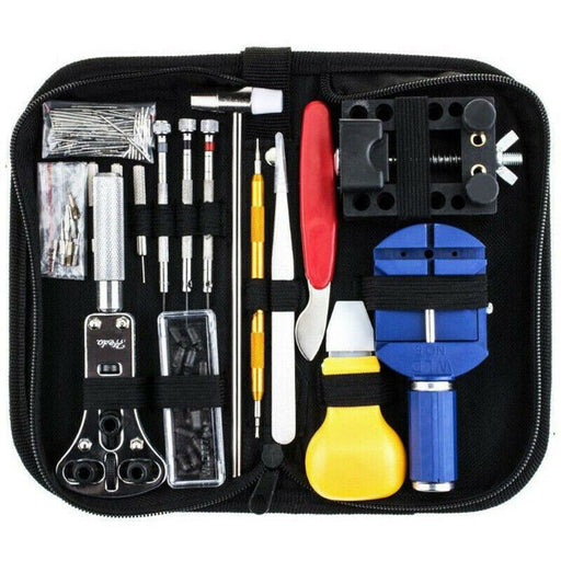 Black tool kit with various tools inside on a white background