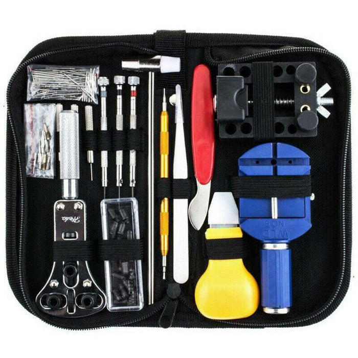 Black tool kit with various tools inside on a white background